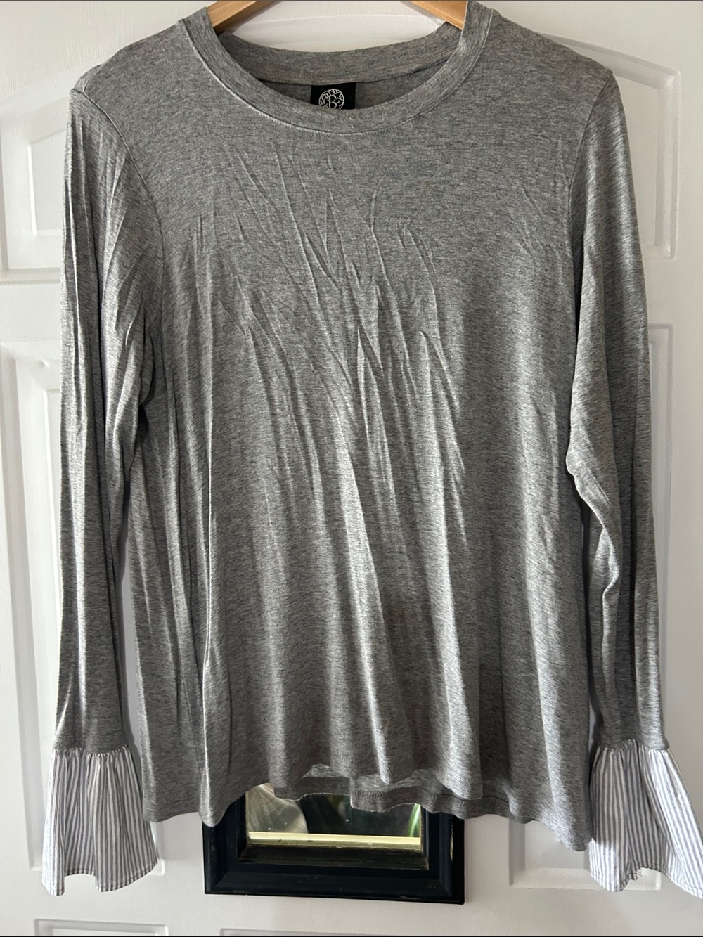 bobeau Gray Long Sleeve Top with Striped Ruffle Cuffs